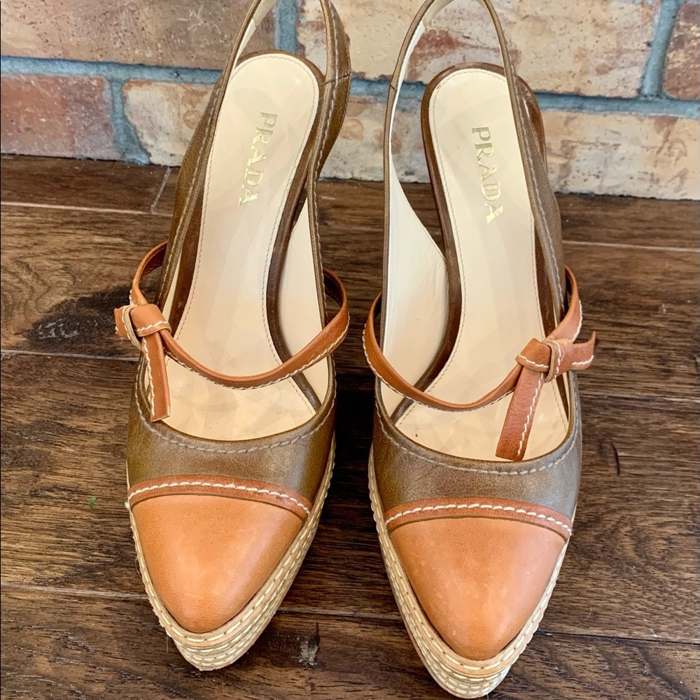 Prada Two Toned Brown Sling Back Platform Heels